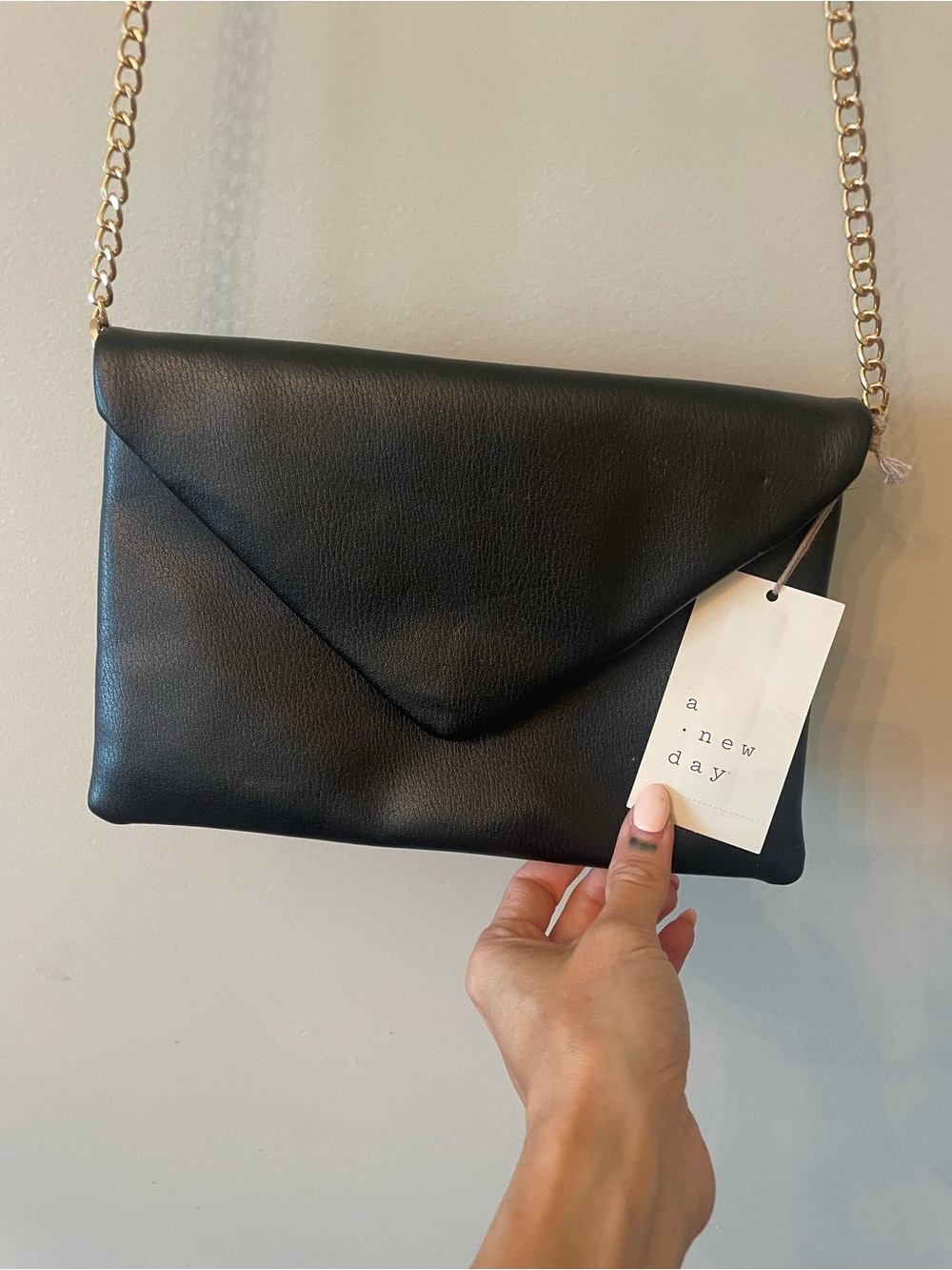 A New Day Black Envelope Clutch Gold Chain Purse NWT